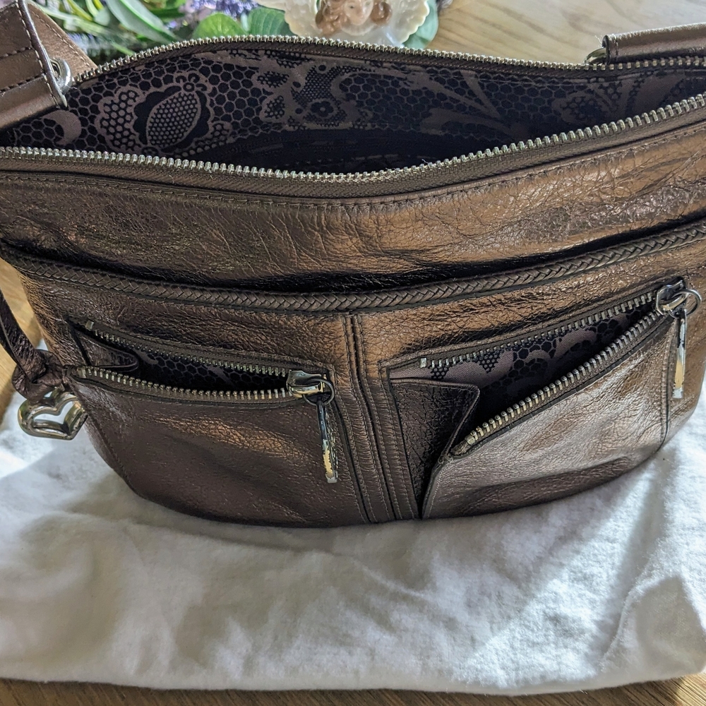 Brighton Metallic Brown Shoulder Bag, adjustable strap, zipper/magnetic closure